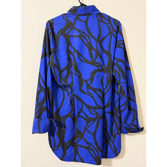 Abstract Print Button Down Tunic Women M Top Flip Cuff Long Sleeve Dressy Blouse - Picture 5 of 9